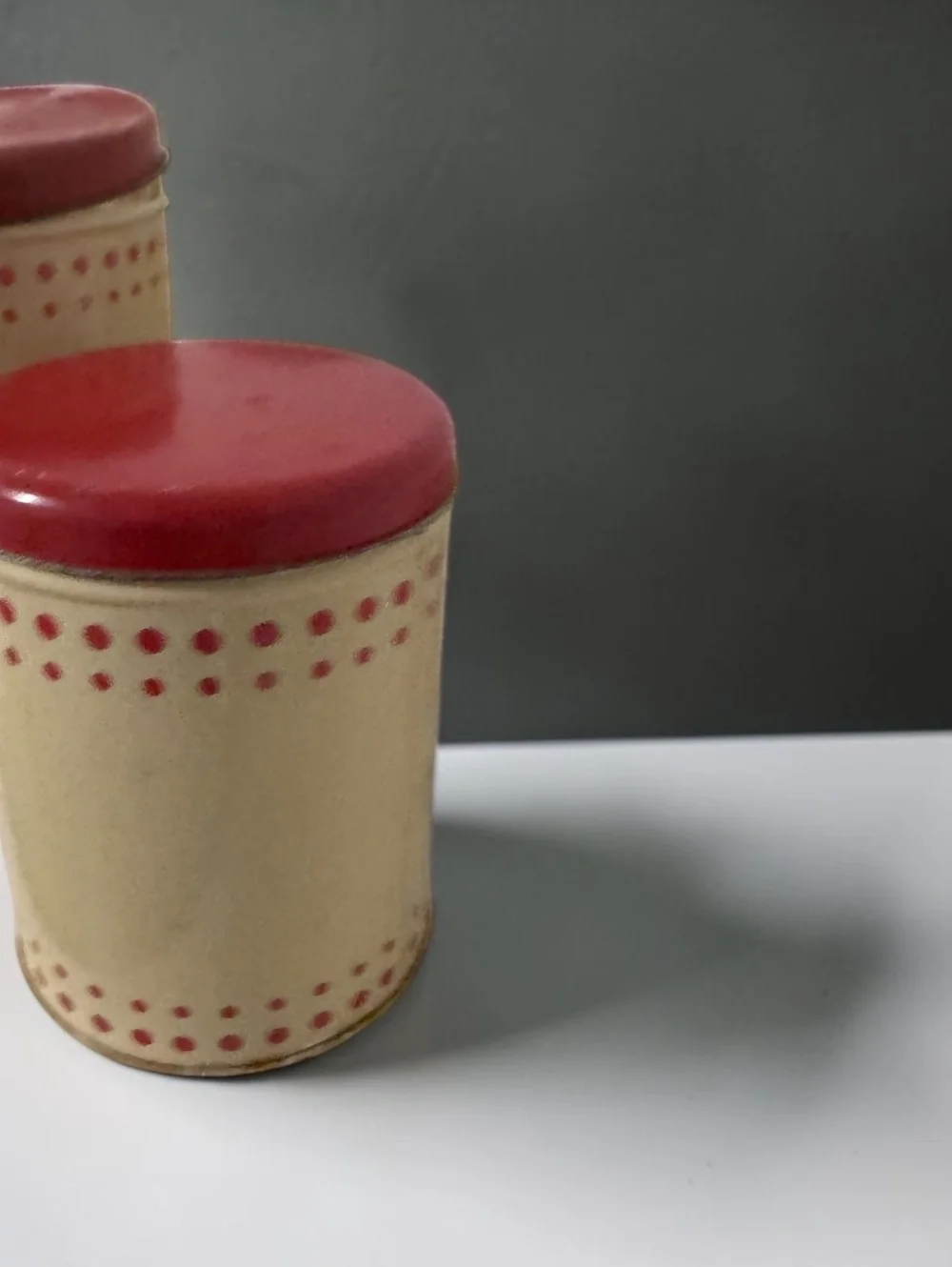 Vintage 1950s Tin Canister Set of 2 Cream Red Polka Dot Nesting Kitchen